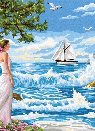 Картина за номерами море вітрильник дівчина очікування біля моря1 фото