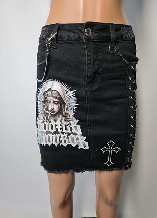 Спідниця джинсова готична, з хрестами, y2k, altgirl, gothic