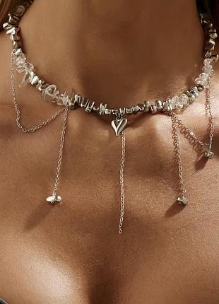 Кольє з сердечком, кольє з ланцюжками, кольє сердечко, кольє з підвісками, підвіска з сердечком, ланцюжок, чокер, намисто, кольє з намистин