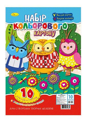 Набір кольорового картону сови ап-1104-1 формат а4, 10 кольорів