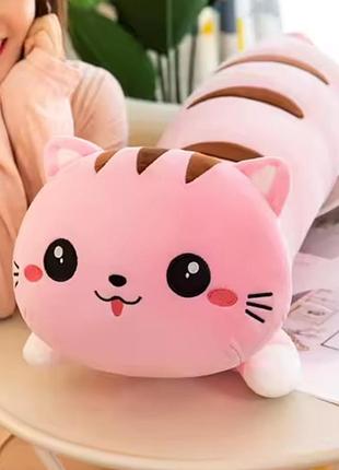Кот батон 110 см розовый - мягкая игрушка подушка обнимашка, большой длинный плюшевый кот антистресс