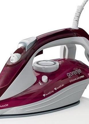 Утюг gorenje, 3000вт, 350мл, паровой удар-105гр, верт. отпаривание, антинакип, автоотключение, керам. подошва, бардово-белый