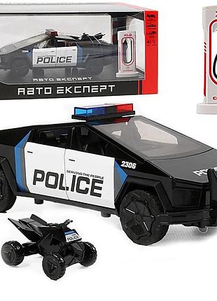 Поліцейський пікап машинка tesla cybertruck police 1:24 металева модель світло звук інерція квадроцикл та зарядна