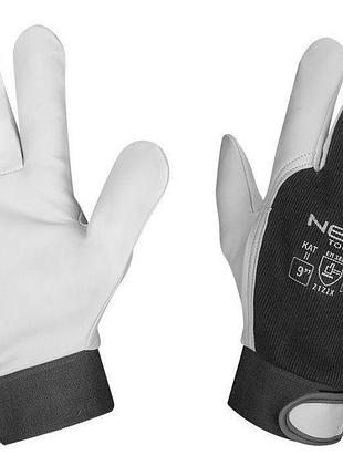 Перчатки рабочие neo tools, козья кожа, фиксация запястья, р.9, черно-белый 2