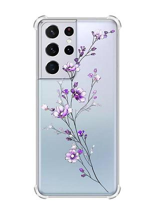 Чехол с утолщёнными углами на samsung galaxy s21 ultra :: веточка цветов (принт 278)