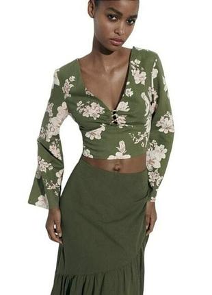 Zara-новый кроп топ в цветочный принт, лен/вискоза, р.-xs