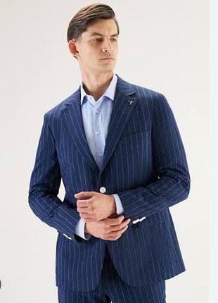 Синий в полоску пиджак из шерсти, льна и шелка vitale barberis canonico italy 🇮🇹.