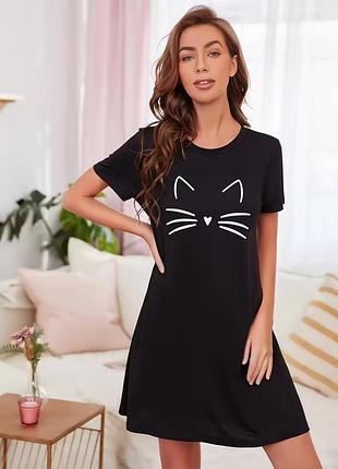 Женское пижамное платье с короткими рукавами и рисунком кошка