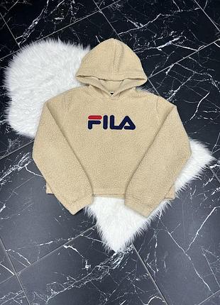 Жіноче худі fila cream cropped teddy hoodie з м'якого плюшевого матеріалу