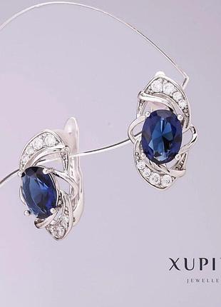 Серьги xuping с синими цирконами d-9мм l-16мм родий
