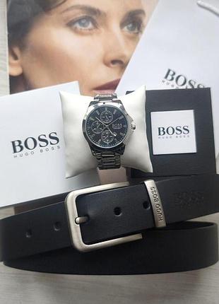 Мужской подарочный набор нugо воss часы и кожаный ремень silver/ black