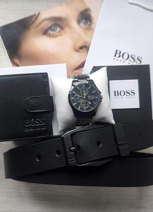 Мужской подарочный набор нugо boss часы, кожаный ремень и кошелек black