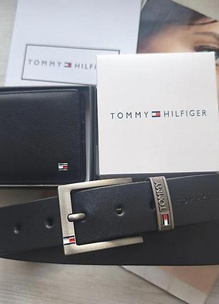 Чоловічий подарунковий шкіряний набір tommy шкіряний ремінь і гаманець чорні