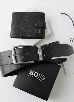 Мужской подарочный набор boss ремень и кошелек черные