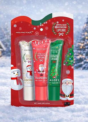 Увлажняющие блески для губ crystal glaze miss factorx (кокос, малина, алоэ), 3×10 мл