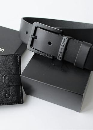 Мужской подарочный набор calvin klein ремень и кошелек total black
