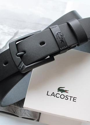 Мужской кожаный ремень lacoste с черной пряжкой +коробка в подарок!
