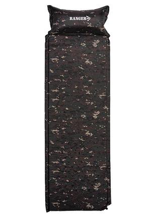 Каремат самонадувной коврик туристический 185x60x2,5 см с подушкой ranger batur camo пиксель ra 6640