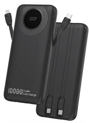 Power bank wuw tugii y102 10000 mah с быстрой зарядкой power delivery+quick charge 22.5w, дисплеем и встроенными кабелями black