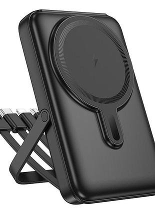 Power bank hoco j135 10000 mah с быстрой зарядкой 20w+22.5w, беспроводной зарядкой 15w magsafe для iphone, встроенные кабели black