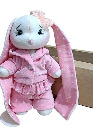 Мягкая игрушка зайка девочка розовый с белыми цветочками 27см в коробке