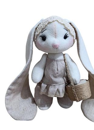 Мягкая игрушка зайка девочка льняная с корзинкой 27см в коробке