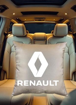 Авто подушка c вышивкой логотипа марки рено renault бежевый автомобилисту 00168