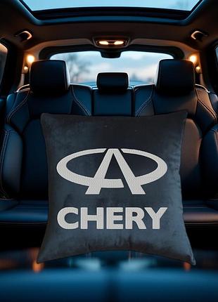 Авто подушка c вышивкой логотипа марки chery чери черный автомобилисту 00053