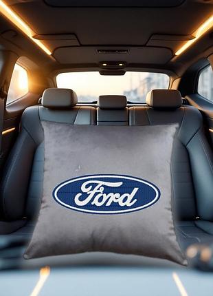 Авто подушка c вышивкой логотипа марки форд ford серый автомобилисту 02222