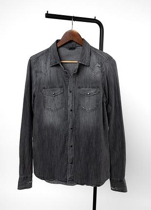 Diesel mens sonora gray denim shirt snap button distressed western casual оригінальна, джинсова сорочка у стильному, сірому кольорі