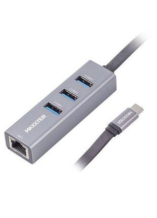 Адаптер, з type-c на gigabit ethernet nech-3p-02, 3 ports usb 3.0 1000 mbps, метал, темно-сірий
