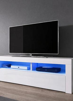 Підлогова тумба під телевізор з led-підсвіткою чудова стильна тв-тумба для вітальні з мдф фасадом 140 см білий/білий глянець, у ко
