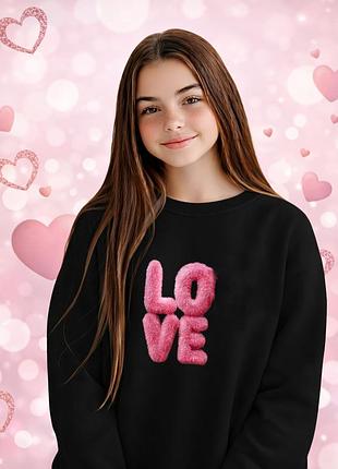 Світшот для дівчинки з принтом love, підліткова кофта оверсайз, дитяча толстовка з написом без начосу чорний, 134-146