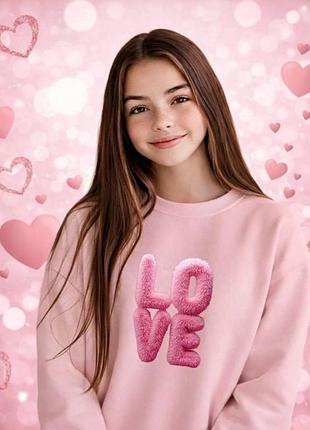 Світшот для дівчинки з принтом love, підліткова кофта оверсайз, дитяча толстовка з написом без начосу рожевий, 122-128