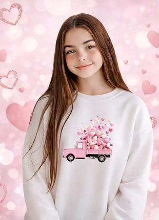 Світшот оверсайз для дівчинки, модна підліткова кофта в сердечках. білий, 134-146