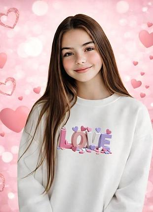 Свитшот для девочки love к 14 февраля, праздничная детская кофта, подарок для дочки на день святого валентина белый, 134-146