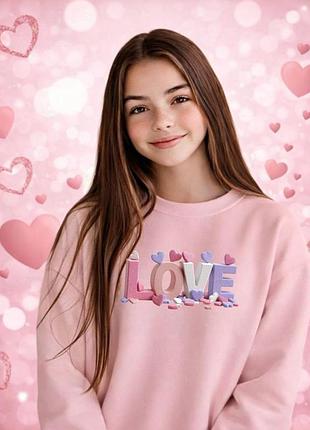 Свитшот для девочки love к 14 февраля, праздничная детская кофта, подарок для дочки на день святого валентина розовый, 134-146