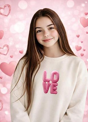 Світшот для дівчинки з принтом love, підліткова кофта оверсайз, дитяча толстовка з написом без начосу молочний, 122-128