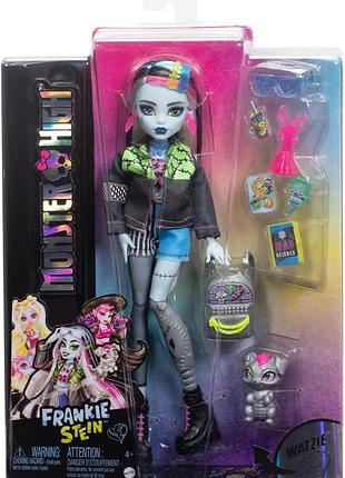 Monster high frankie stein doll in denim jacket and shorts hxh73 mattel монстер хай френкі штейн з песиком в джинсовій куртці