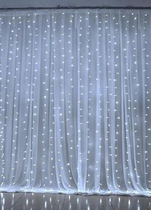 Гирлянда штора занавес водопад 3х3 м 320 led (белый шнур, с переходником) белый свет