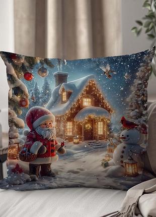 Декоративна подушка "санта біля зимового будиночка" з гірляндами та сніговиком 35 х 35 см 13182