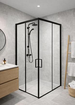 Душевая кабина sanstar 90×90×190 см, квадратная, прозрачное стекло, черный профиль, дверь 5 мм, стенки 6 мм