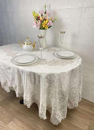 Скатертина велюр acme tekstil 160x300 ovale queen krem pvs