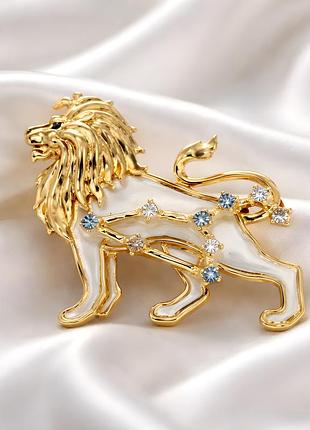 Брошка лев знак зодіаку золота білий перламутр зі стразами leo