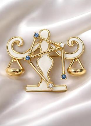 Брошка терези знак зодіаку золота білий перламутр зі стразами libra