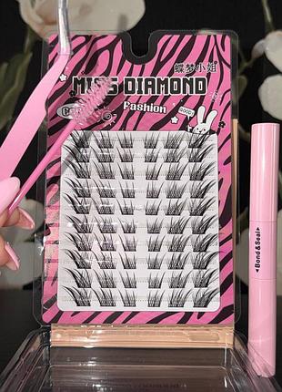 Полный набор для наращивания ресниц «кошачий глаз» - ресницы miss diamond, клей-фиксатор, пинцет и щеточка