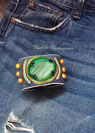 Джинсовый браслет с камнями { агат }