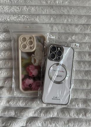 Лот чохлів на iphone 15 pro max срібно прозорий та бежевий з рисунком букета квітів за вікном