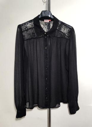 Блузка 44 черная гипюр полупрозрачная полиэстр гипюр кружево блуза сорочка длинный рукав