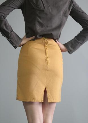 Горчичная юбка карандаш шерсть прямого кроя высокая посадка5 фото